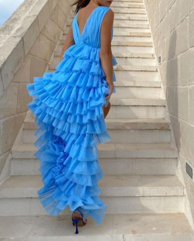 Blue V Neck High Low Tulle Party Dress Homecoming Dress,DP1758