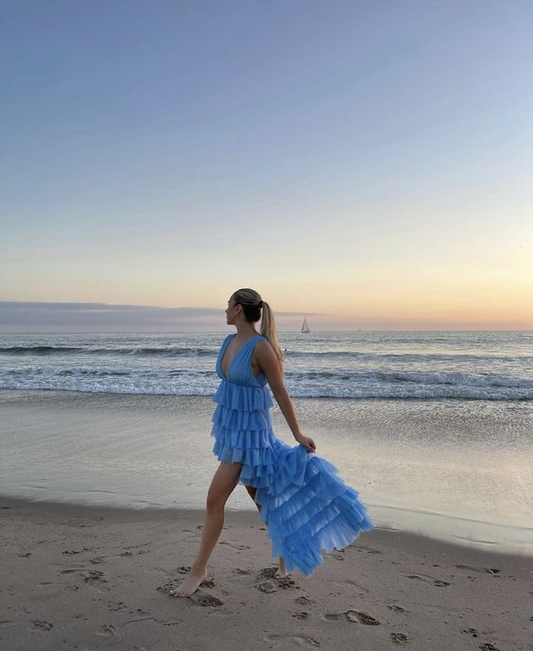 Blue V Neck High Low Tulle Party Dress Homecoming Dress,DP1758