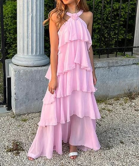 Pink A-Line Halter Chiffon Layers Long Prom Dress,DP1761