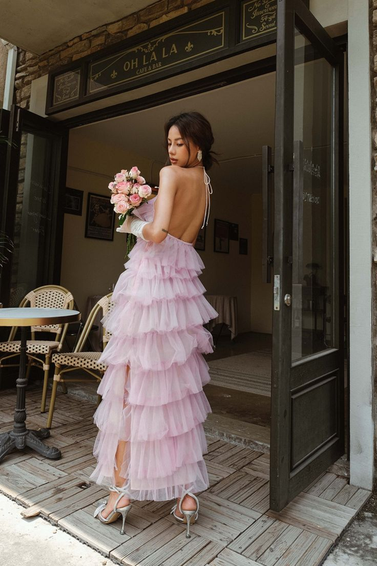 Pink Halter Tulle Tiered Backless Long Prom Dress with Slit,DP1762