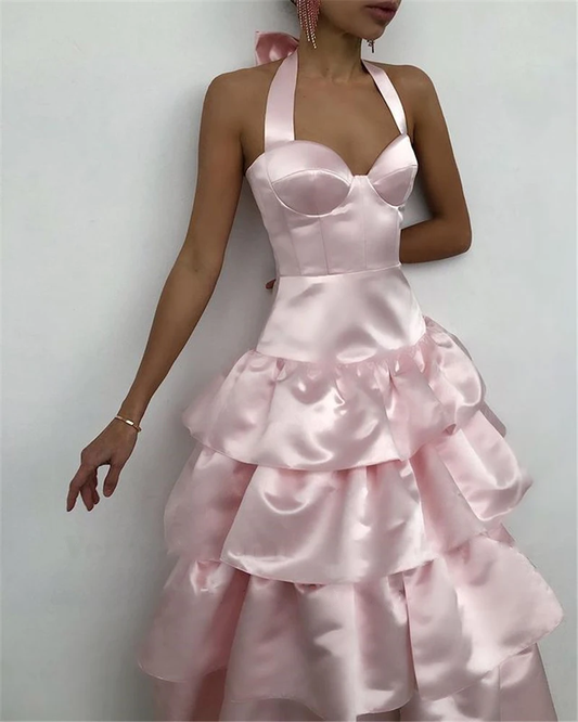 Pink Halter Satin Ankle Length Party Dress Evening Gown,DP1764