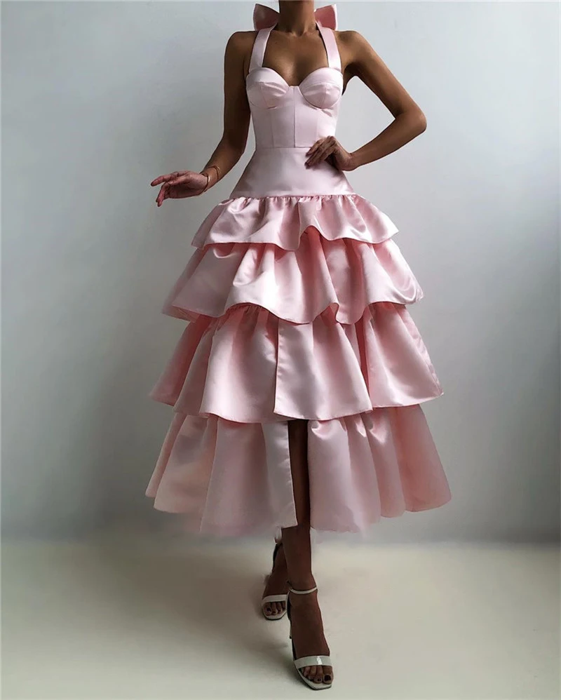 Pink Halter Satin Ankle Length Party Dress Evening Gown,DP1764