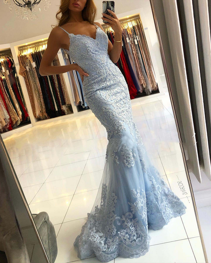 Light Blue Straps Tulle Appliques Mermaid Long Party Dress,DP1767