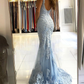 Light Blue Straps Tulle Appliques Mermaid Long Party Dress,DP1767