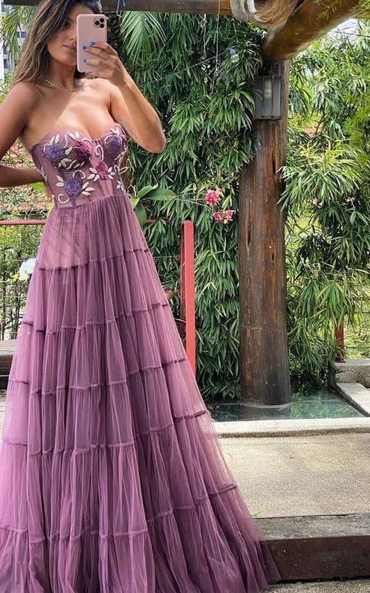 Dusty Purple Sweetheart Strapless A-Line Tulle Long Prom Dress,DP1773