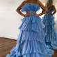 Blue Strapless A-Line Tiered Long Prom Dress Evening Gown,DP1776