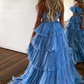 Blue Strapless A-Line Tiered Long Prom Dress Evening Gown,DP1776