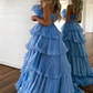 Blue Strapless A-Line Tiered Long Prom Dress Evening Gown,DP1776