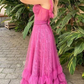 Fuchsia Straps A-Line Tulle Lace Long Prom Dress,DP1785