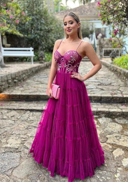 Fuchsia Spaghetti Straps A-Line Tulle Long Party Dress,DP1787