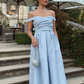 Elegant Light Blue A-Line Off-Shoulder Formal Party Dress,DP1796