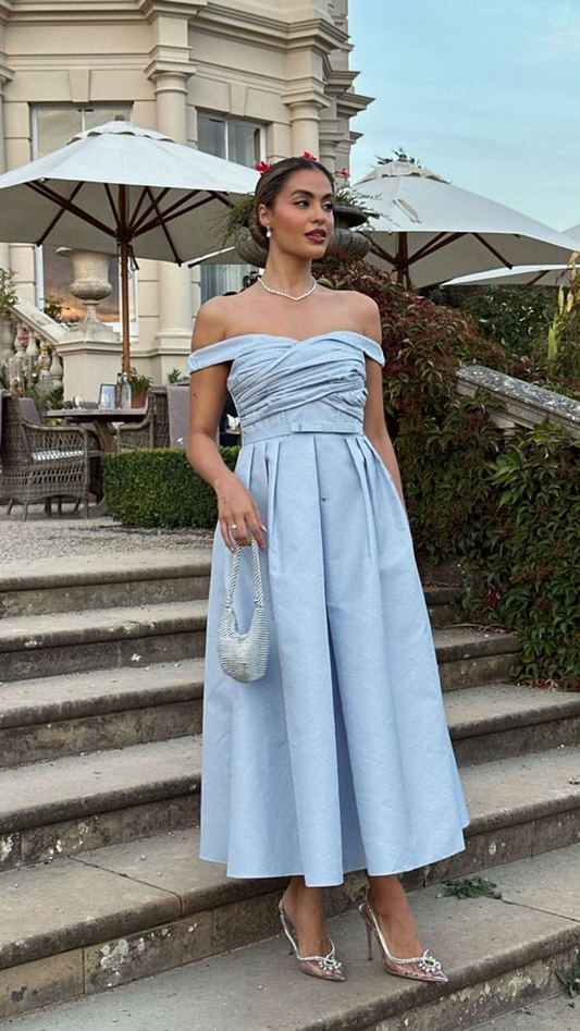 Elegant Light Blue A-Line Off-Shoulder Formal Party Dress,DP1796