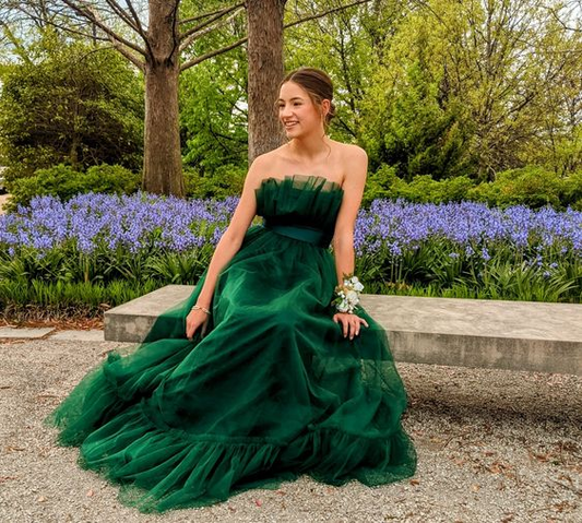 Hunter Green Strapless A-Line Tulle Long Party Dress Evening Gown,DP1806