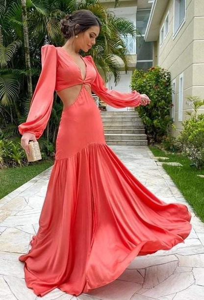 Coral Long Sleeves V Neck Long Party Dress Evening Dress,DP1809