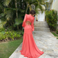 Coral Long Sleeves V Neck Long Party Dress Evening Dress,DP1809