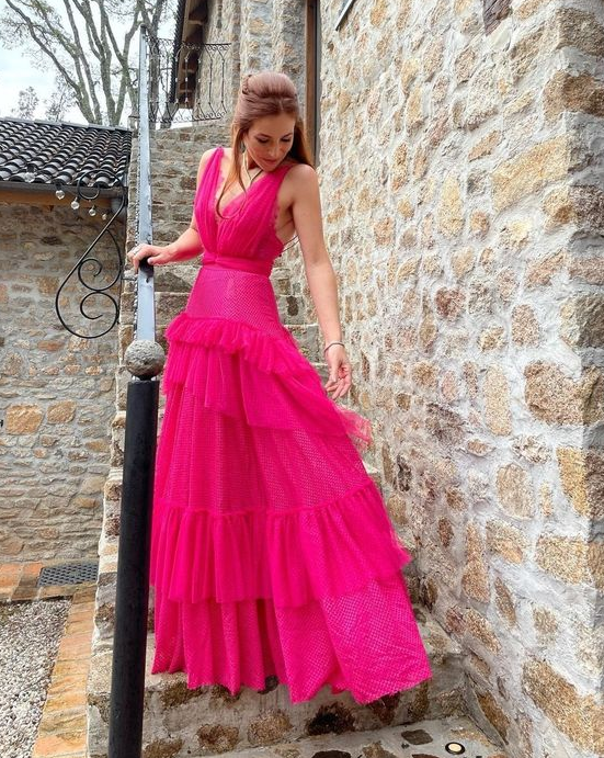 Hot Pink A-Line V Neck Backless Long Party Dress Evening Dress,DP1810