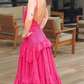 Hot Pink A-Line V Neck Backless Long Party Dress Evening Dress,DP1810