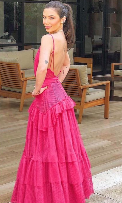 Hot Pink A-Line V Neck Backless Long Party Dress Evening Dress,DP1810