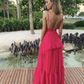 Hot Pink A-Line V Neck Backless Long Party Dress Evening Dress,DP1810