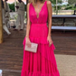 Hot Pink A-Line V Neck Backless Long Party Dress Evening Dress,DP1810