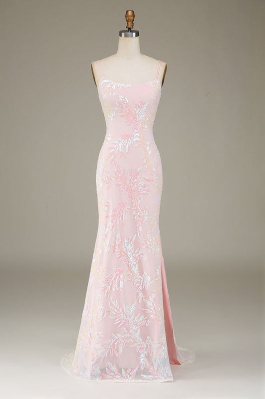 Light Pink Sequins Long Party Dress Evening Dress with Slit,DP1811