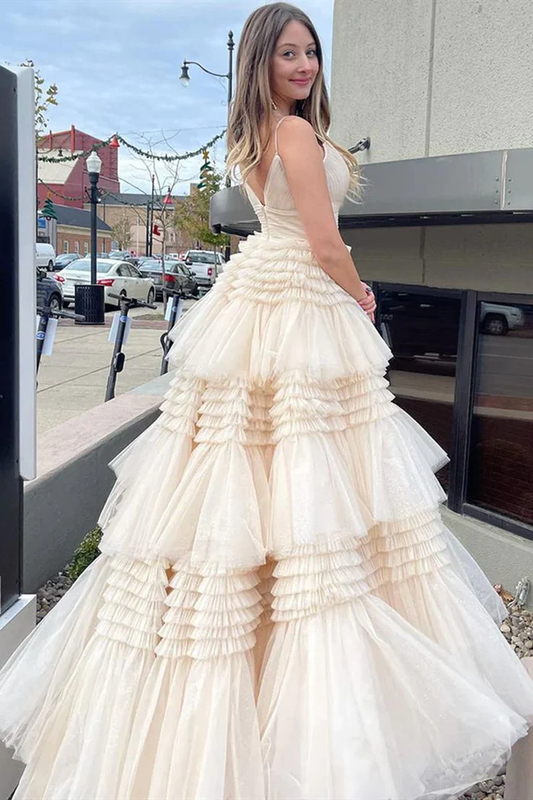 Light Champagne A-Line Tiered Ruffles Long Party Dress Ball Gown,DP1813