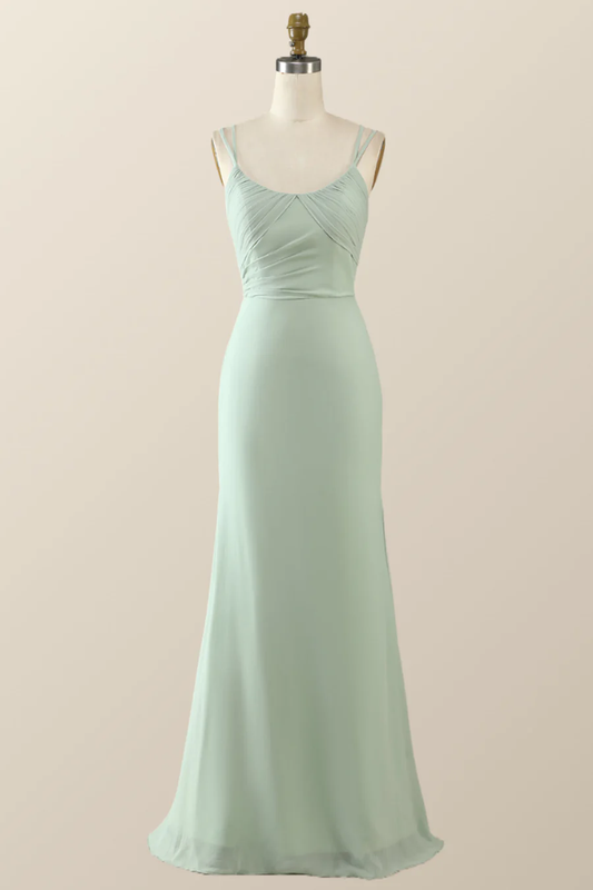 Sage Green Chiffon Pleated Long Party Dress Bridesmaid Dress,DP1814