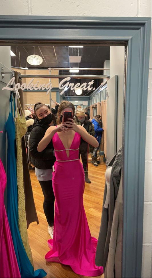 Hot Pink V Neck Backless Mermaid Long Prom Dress,DP1827