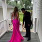 Hot Pink V Neck Backless Mermaid Long Prom Dress,DP1827