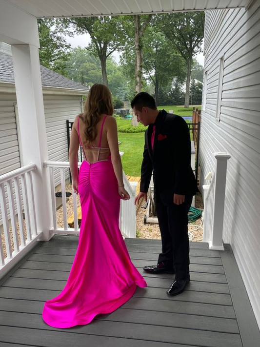 Hot Pink V Neck Backless Mermaid Long Prom Dress,DP1827