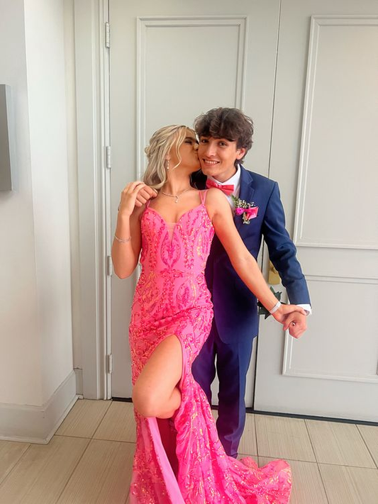 Hot Pink Sequins Backless Mermaid Long Prom Dress with Slit,DP1828