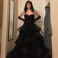 Black Strapless A-Line Tulle Layered Long Party Dress Evening Gown,DP1829