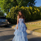 Sky Blue A-Line Strapless Tulle Long Prom Dress Evening Gown,DP1835