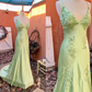 Sage Green Vintage V Neck Beading Long Party Dress,DP1837