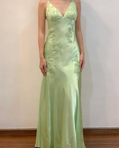 Vintage Salbeigrünes V-Ausschnitt Ballkleid Perlenbesetztes Langes Partykleid Spaghettiträger Abendkleid DP1837