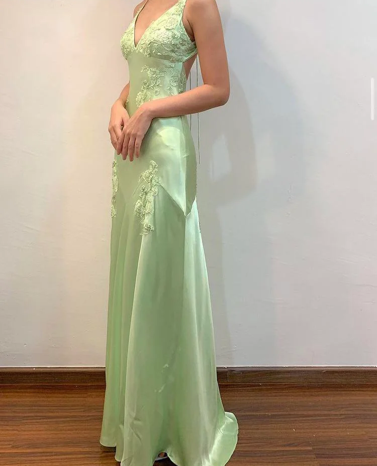 Sage Green Vintage V Neck Beading Long Party Dress,DP1837