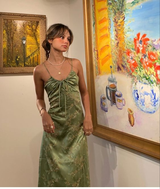 Vintage Green Floral Printed Satin Spaghetti Strap Midi Length Party Dress  DP1839
