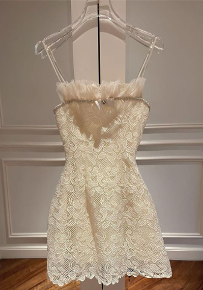 Ivory Spaghetti Straps Lace Mini Party Dress Homecoming Dress,DP1843