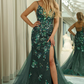 Dark Green Straps Beading Tulle Mermaid Long Prom Dress,DP1852