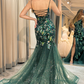 Dark Green Straps Beading Tulle Mermaid Long Prom Dress,DP1852