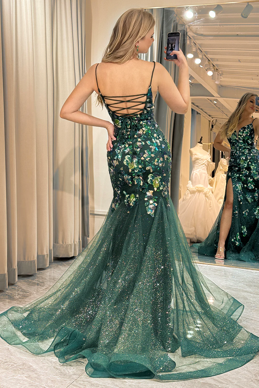 Dark Green Straps Beading Tulle Mermaid Long Prom Dress,DP1852