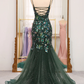 Dark Green Straps Beading Tulle Mermaid Long Prom Dress,DP1852