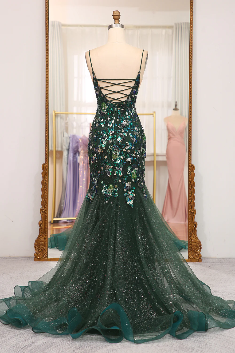 Dark Green Straps Beading Tulle Mermaid Long Prom Dress,DP1852