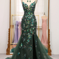 Dark Green Straps Beading Tulle Mermaid Long Prom Dress,DP1852