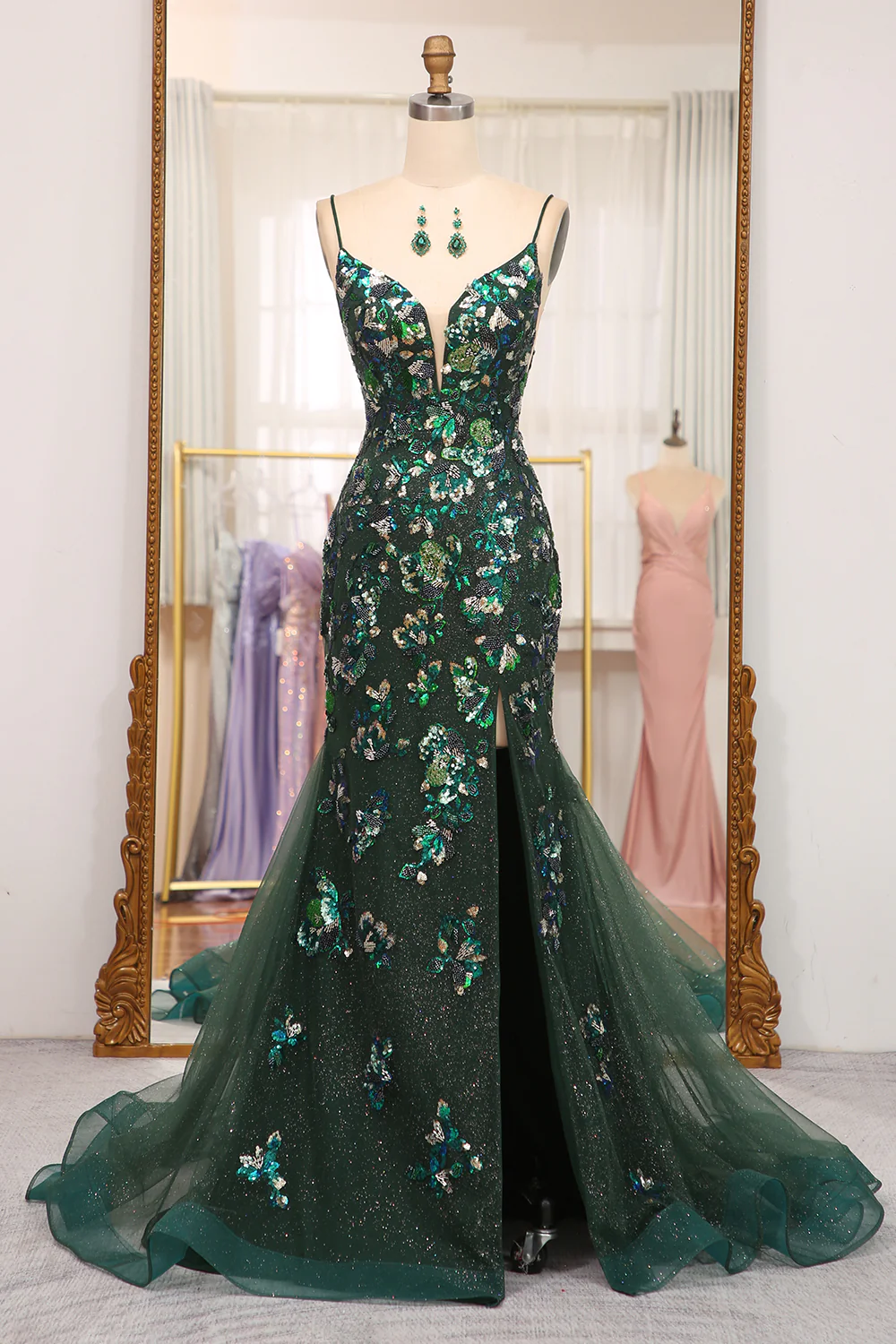 Dark Green Straps Beading Tulle Mermaid Long Prom Dress,DP1852