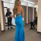 Blue Straps Mermaid Long Party Dress with Slit,DP1855