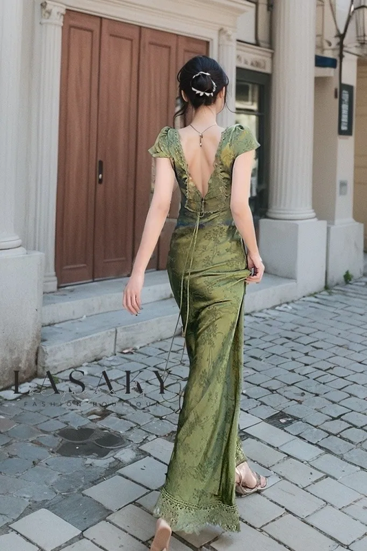 Green V Neck Cap Sleeves Sheath Long Party Dress,DP1856