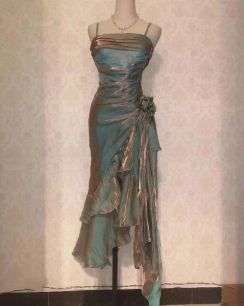 Vintage Spaghetti Straps Asymmetrical Satin Tea Length Party Dress DP1 DSProm Vintage Spaghetti Straps Asymmetrical Satin Tea Length Party Dress DP1 DSProm