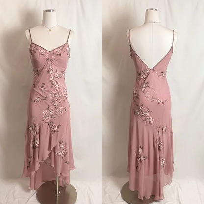 Vintage Dusty Pink Straps Ruffle Asymmetrical Midi Length Party Dress,DP1858