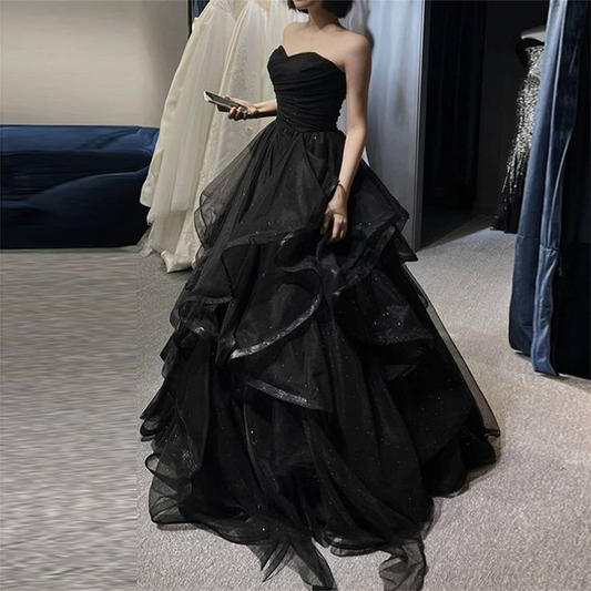 Black Shiny Sweetheart Strapless A-Line Long Party Dress Evening Gown,DP1861